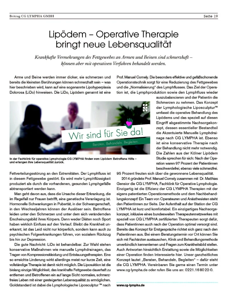 Deutscher Artikel zu Lipödem-Behandlungen, der Optionen und Kontaktinformationen hervorhebt und mit dekorativen grünen Elementen zur Hervorhebung versehen ist.