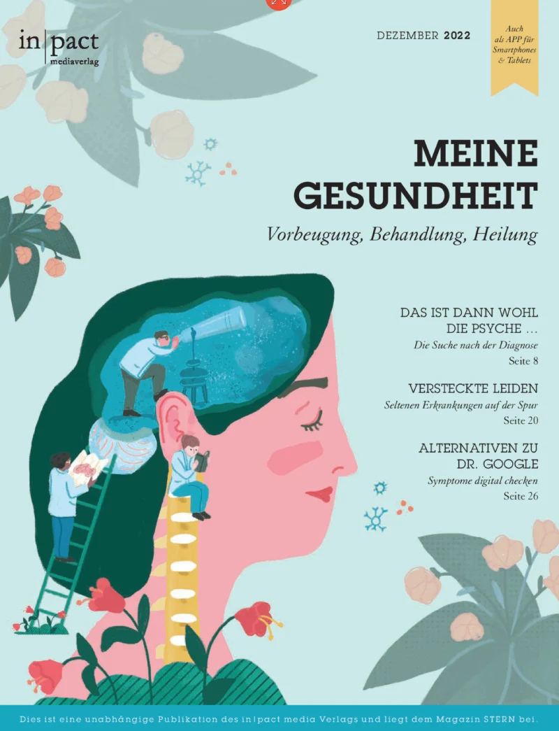 Titelseite des Magazins „Meine Gesundheit“: Frau mit freigelegter Gehirnillustration, die eine Blume hält. Hintergrund: Blätter und Blumen. Themen: Gesundheitsdiagnose, Symptome.