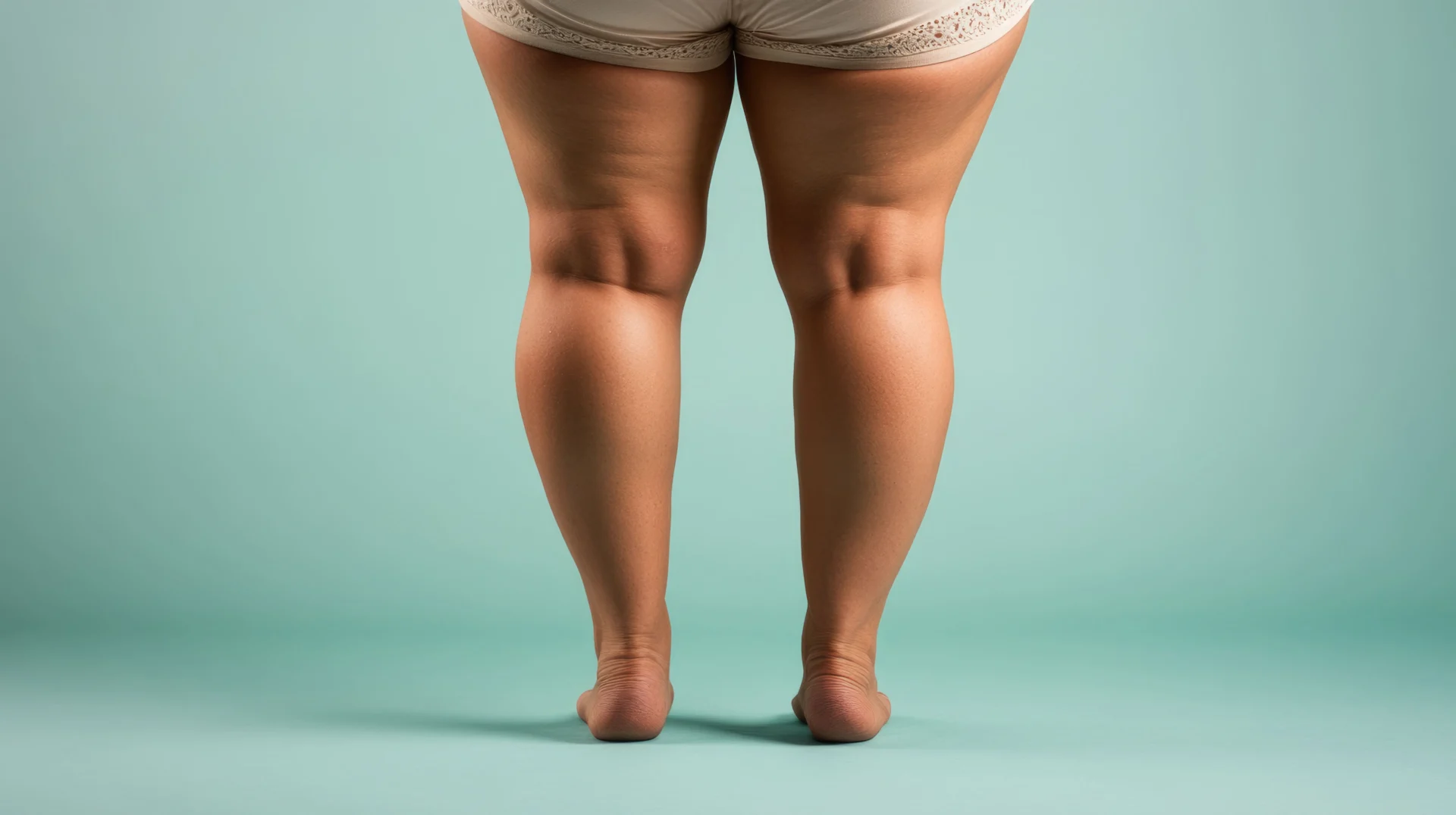 Person auf Zehenspitzen, von hinten, in hellen Shorts vor türkisfarbenem Hintergrund. Fokus auf Beinen mit Lipödem-Konturen.
