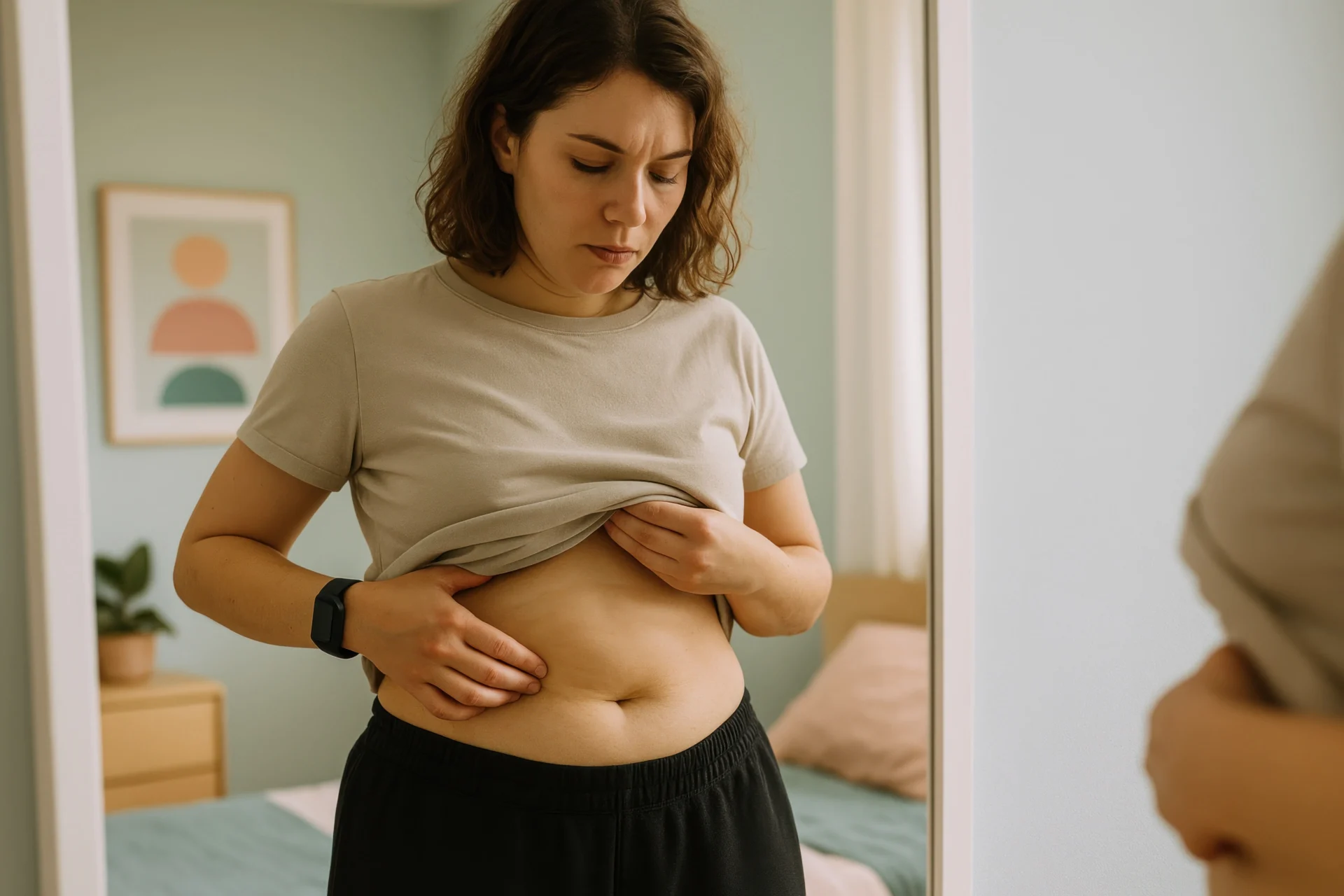 Frau hebt ihr Hemd vor dem Spiegel und betrachtet besorgt ihren Bauch. Sie trägt ein beiges T-Shirt und eine schwarze Hose; dahinter Bett und Kunst.