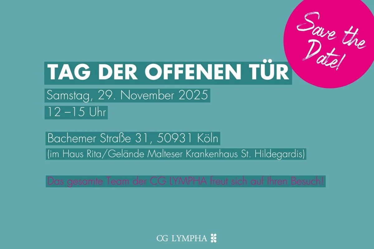 Teal Einladung: Tag der offenen Tür, 29.11.2025, CG Lympha, Köln. Pinker Kreis "Save the Date!", Team lädt ein.